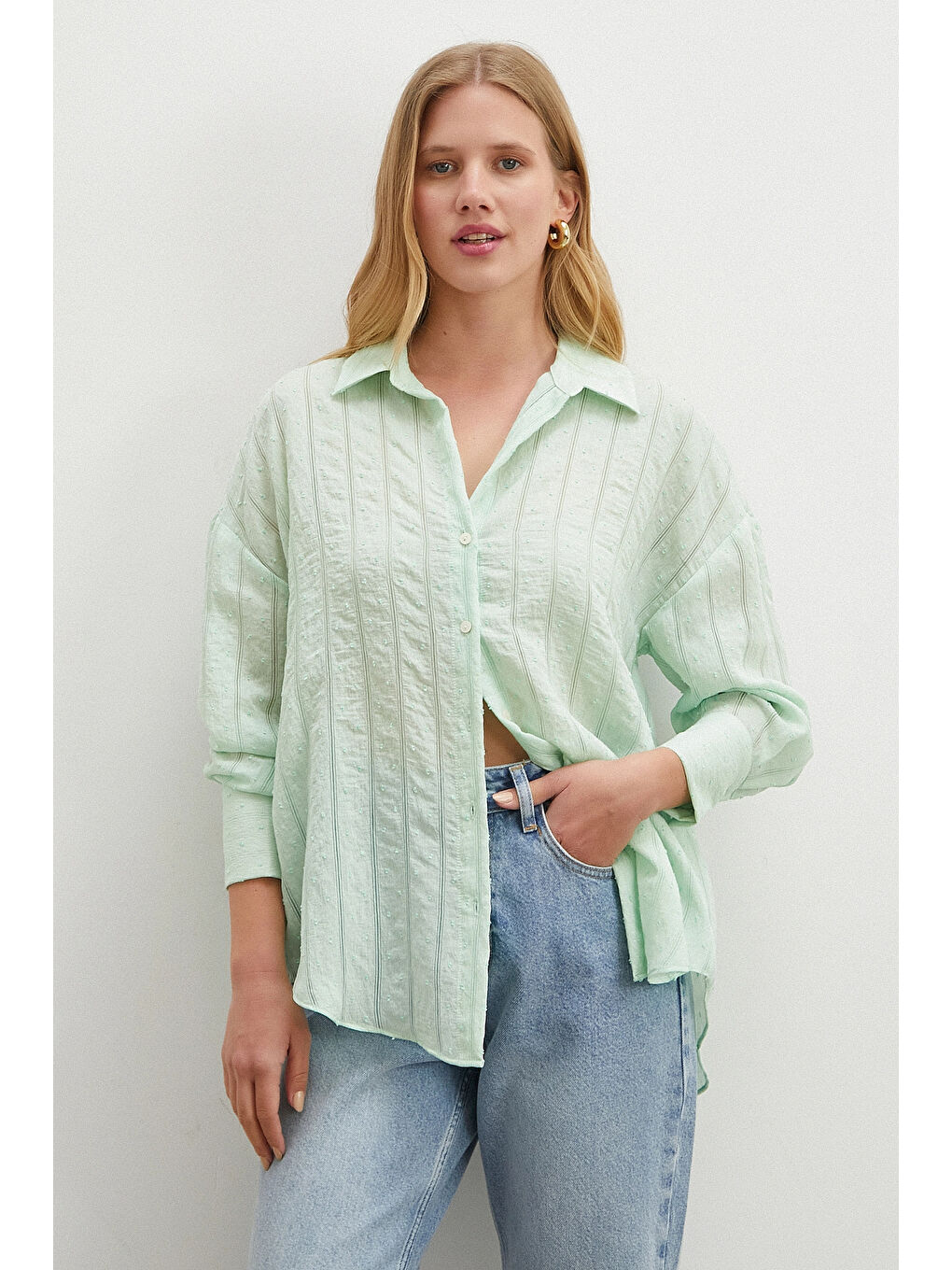 Karışık Transparan Çizgili Gömlek Mint-1
