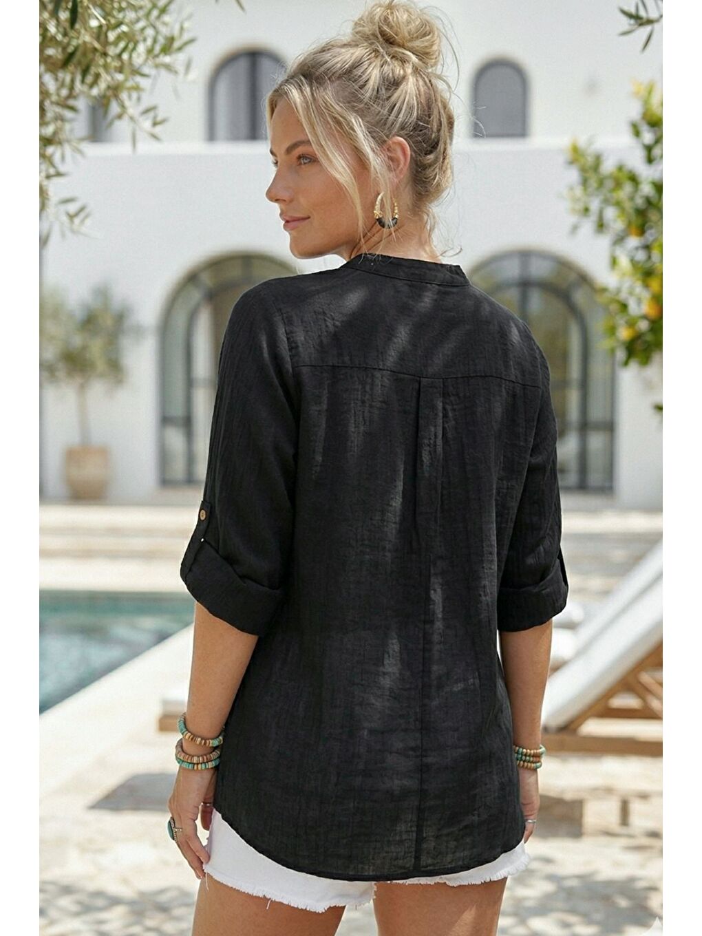 Siyah Hakim Yaka Düğmeli Uzun Kollu Düğmeli Casual Müslin Dokuma Gömlek 75 63-4