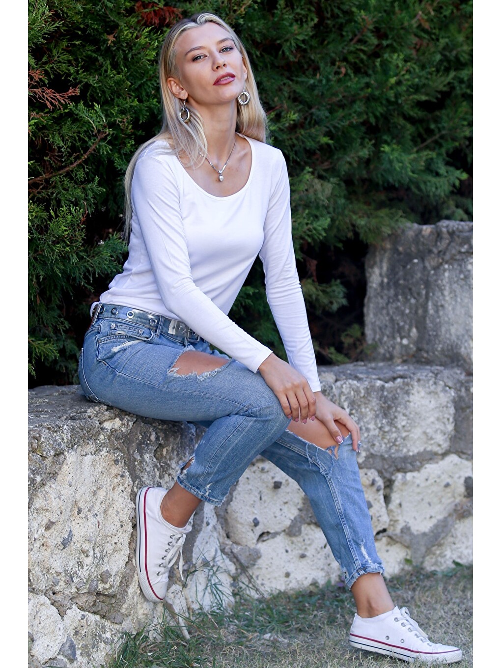 Beyaz Havuz Yaka Uzun Kol Örme Casual Bluz