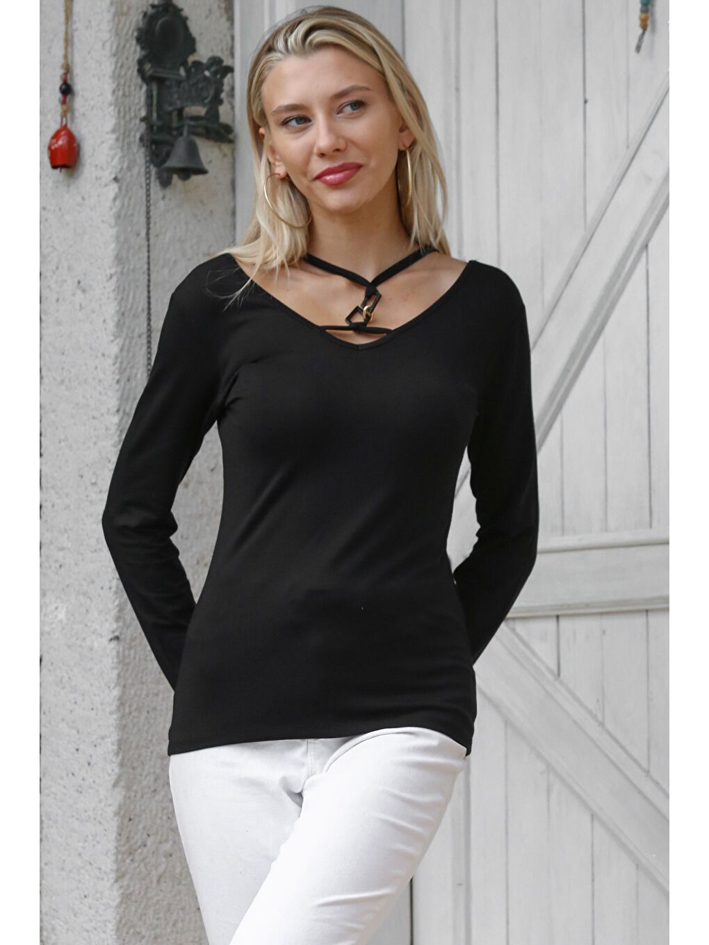 Siyah V Yaka Uzun Kol Biyeli Örme Casual Bluz-6