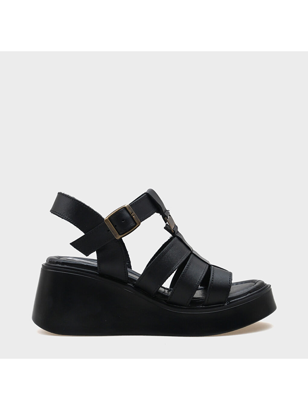 Siyah Sofia Dolgu Topuklu Hakiki Deri Bantlı Konfor Kadın Sandalet