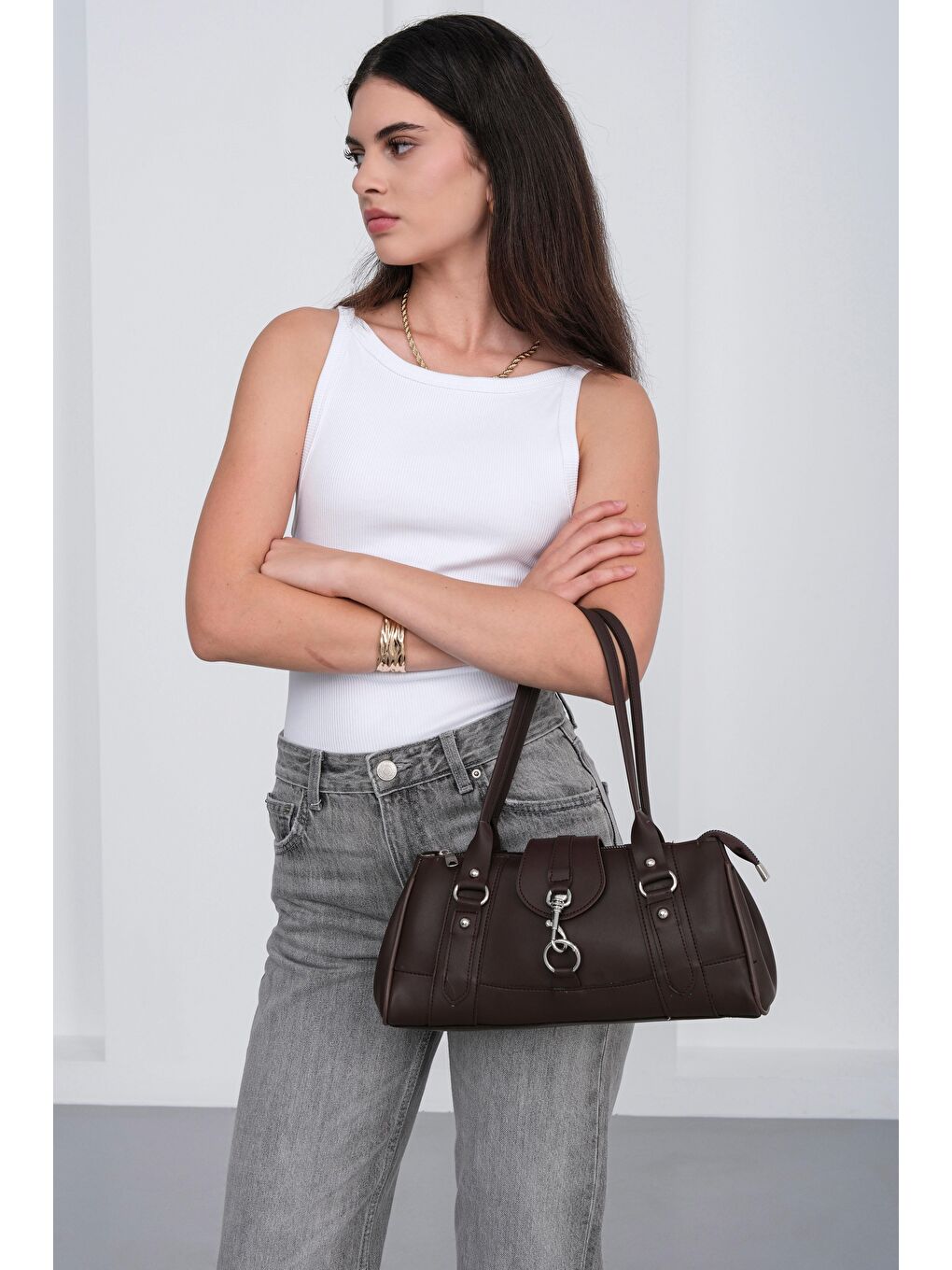 Kahverengi Noa Vintage Baget Çanta Kahve-4