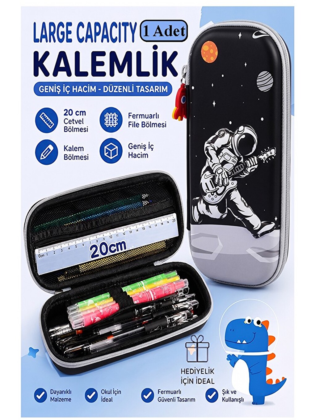 Astronot Kabartmalı Bölmeli Kalemlik 1 Adet P-5953 Erkek Çocuk Okul Kalem Kutusu 3 Boyutlu Uzay Kari