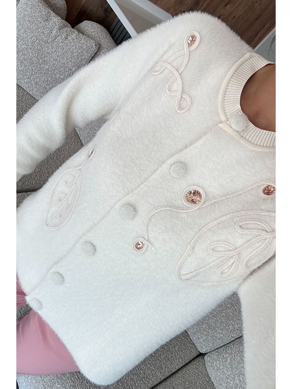 Ekru Kadın Pul İşlemeli Yumoş İplik Triko Ceket (s-m-l-xl Uyumludur)-1