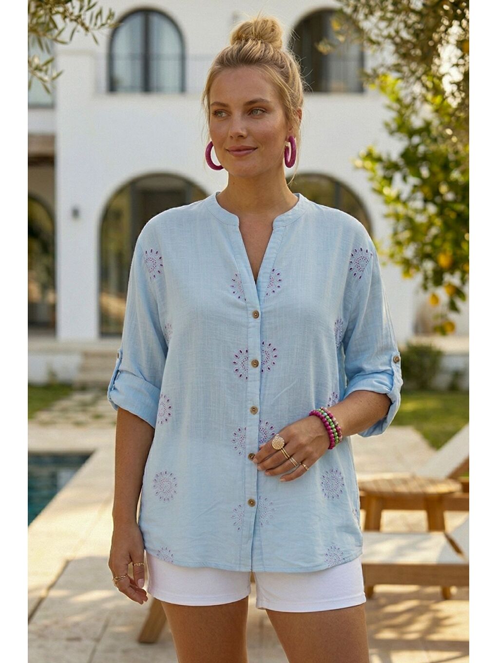 Açık Mavi Hakim Yaka Düğmeli Uzun Kollu Düğmeli Casual Müslin Dokuma Gömlek 75 63-2