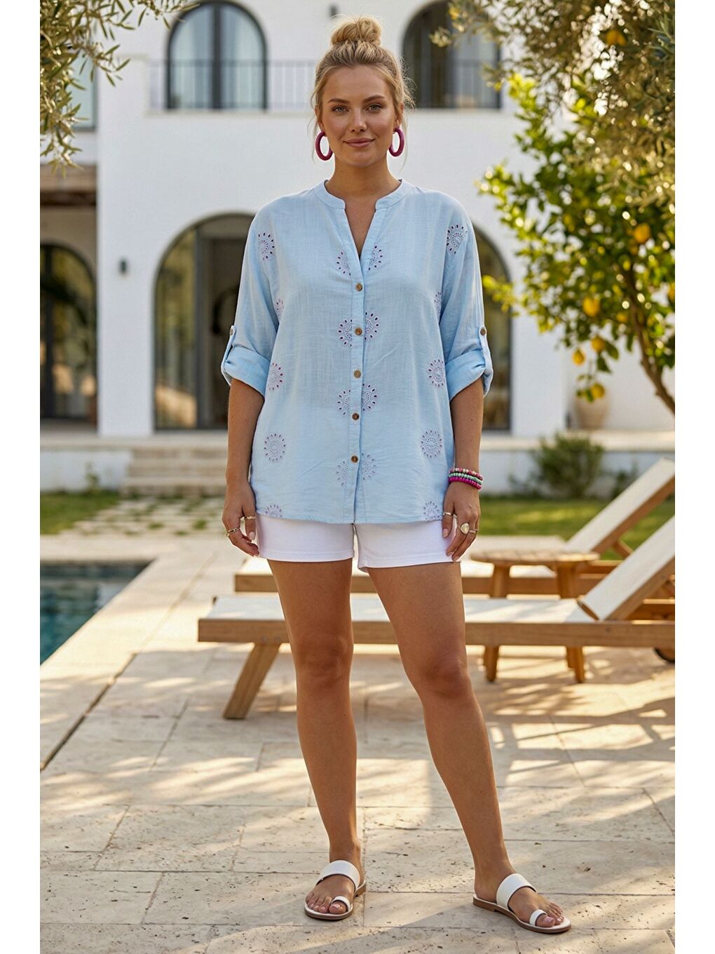 Açık Mavi Hakim Yaka Düğmeli Uzun Kollu Düğmeli Casual Müslin Dokuma Gömlek 75 63-3