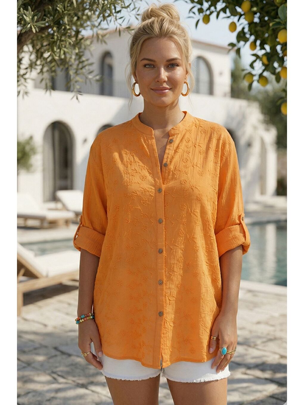 Turuncu Hakim Yaka Düğmeli Uzun Kollu Düğmeli Casual Müslin Dokuma Gömlek 75 63