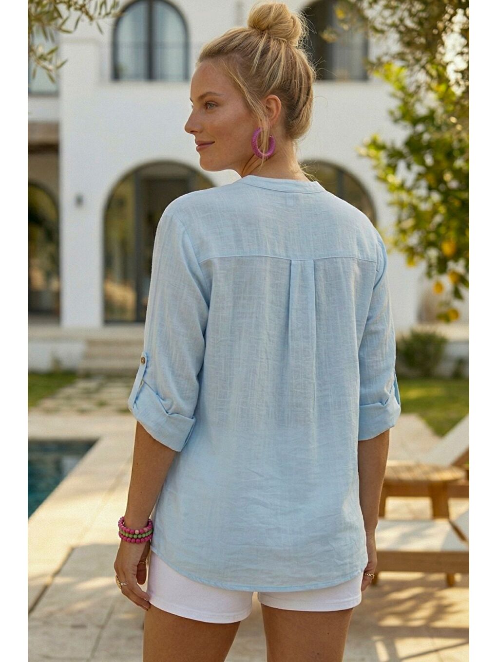 Açık Mavi Hakim Yaka Düğmeli Uzun Kollu Düğmeli Casual Müslin Dokuma Gömlek 75 63-4