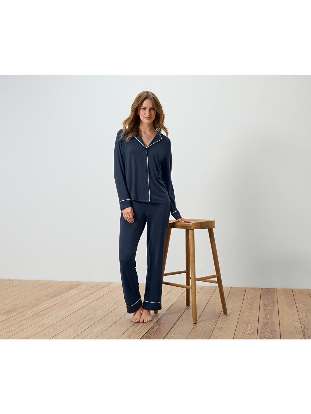 Gri Kadın Pijama, Düğmeli, Düz Renk