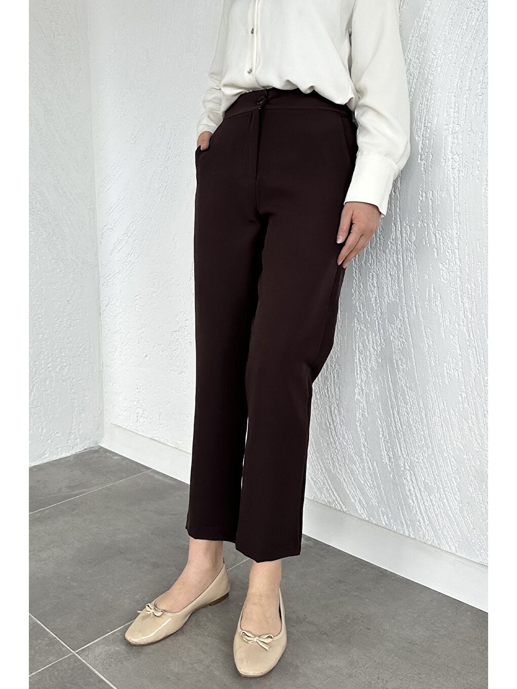 Kahverengi Puane Bel Lastikli Yüksek Bel Tesettür Kumaş Pantolon