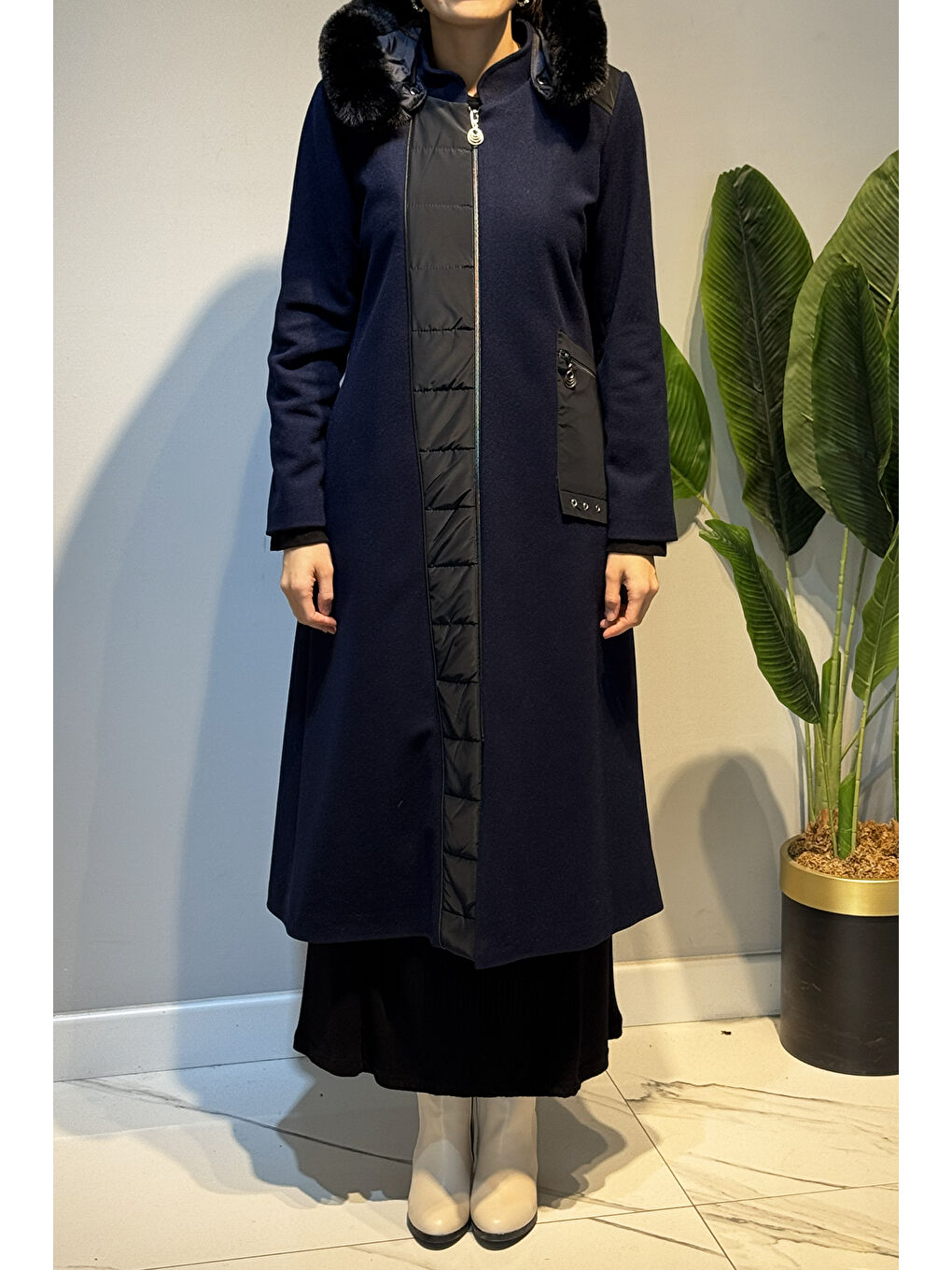 Tam Boy Kürk Detay Kaşe Uzun Kaban 2578 Lacivert-1