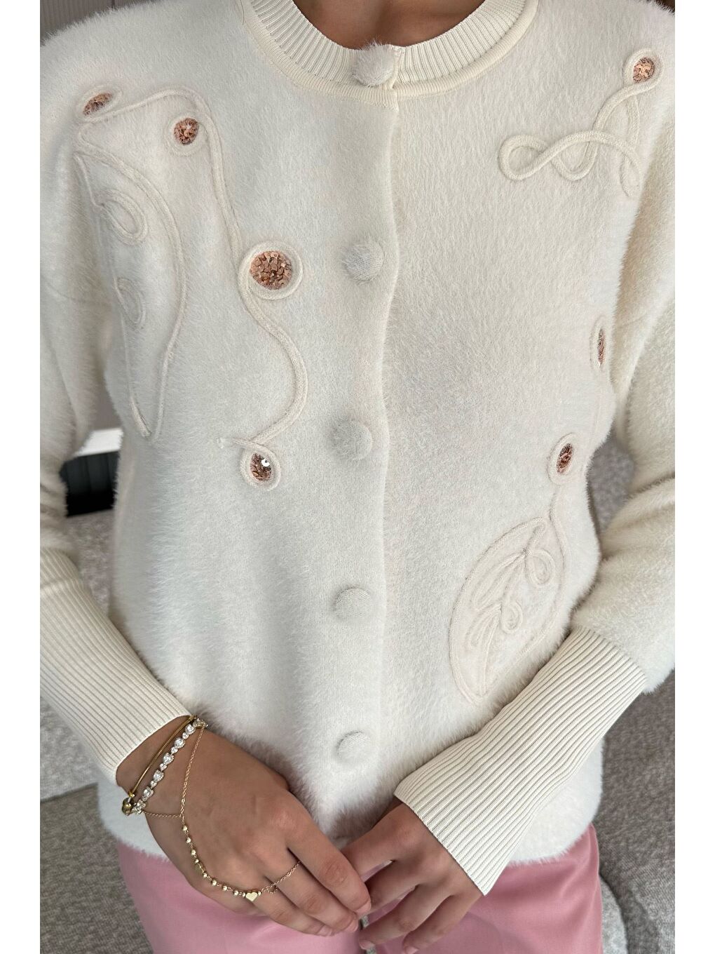 Ekru Kadın Pul İşlemeli Yumoş İplik Triko Ceket (s-m-l-xl Uyumludur)-2