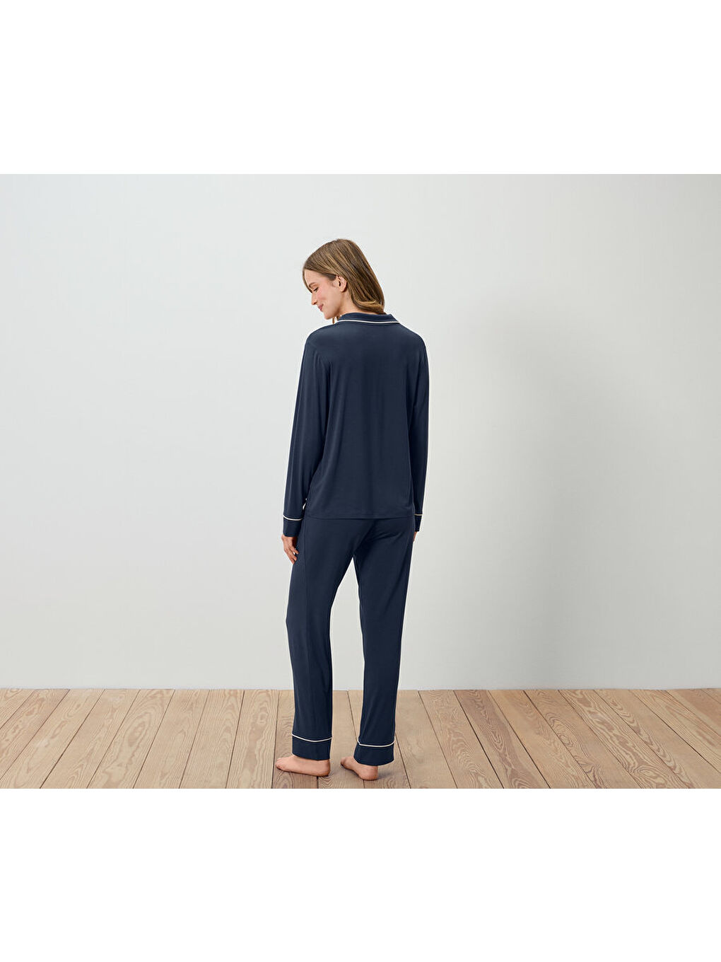 Gri Kadın Pijama, Düğmeli, Düz Renk-1