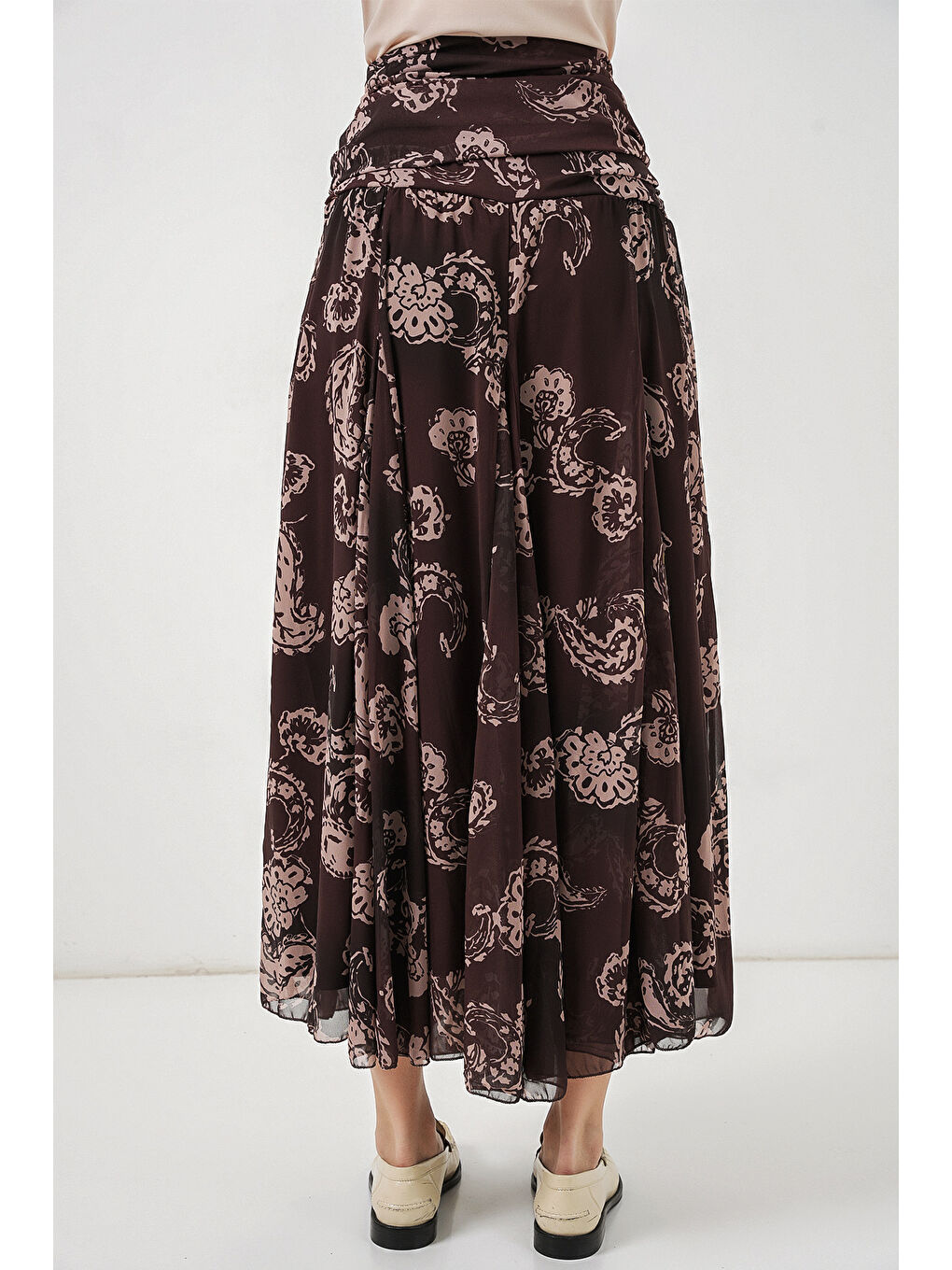 Kadın Desenli Şifon Etek 8057 - Kahverengi-6