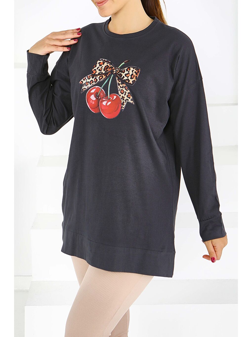 Uzun Kollu Baskılı Süprem Tunik Antrasit - 27588-1