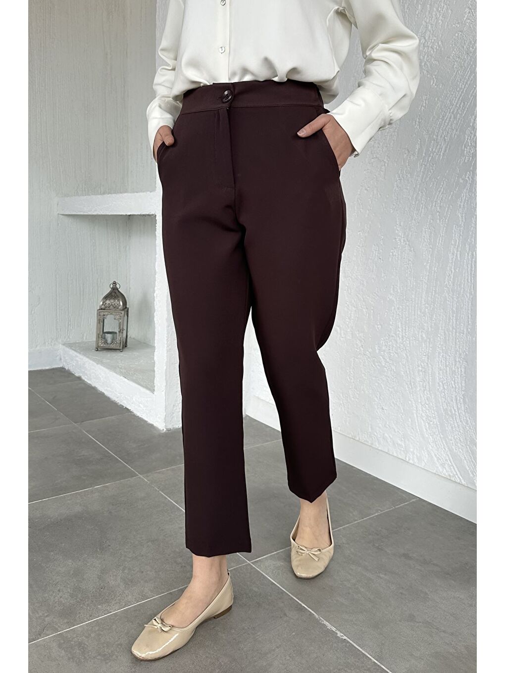 Kahverengi Puane Bel Lastikli Yüksek Bel Tesettür Kumaş Pantolon-2