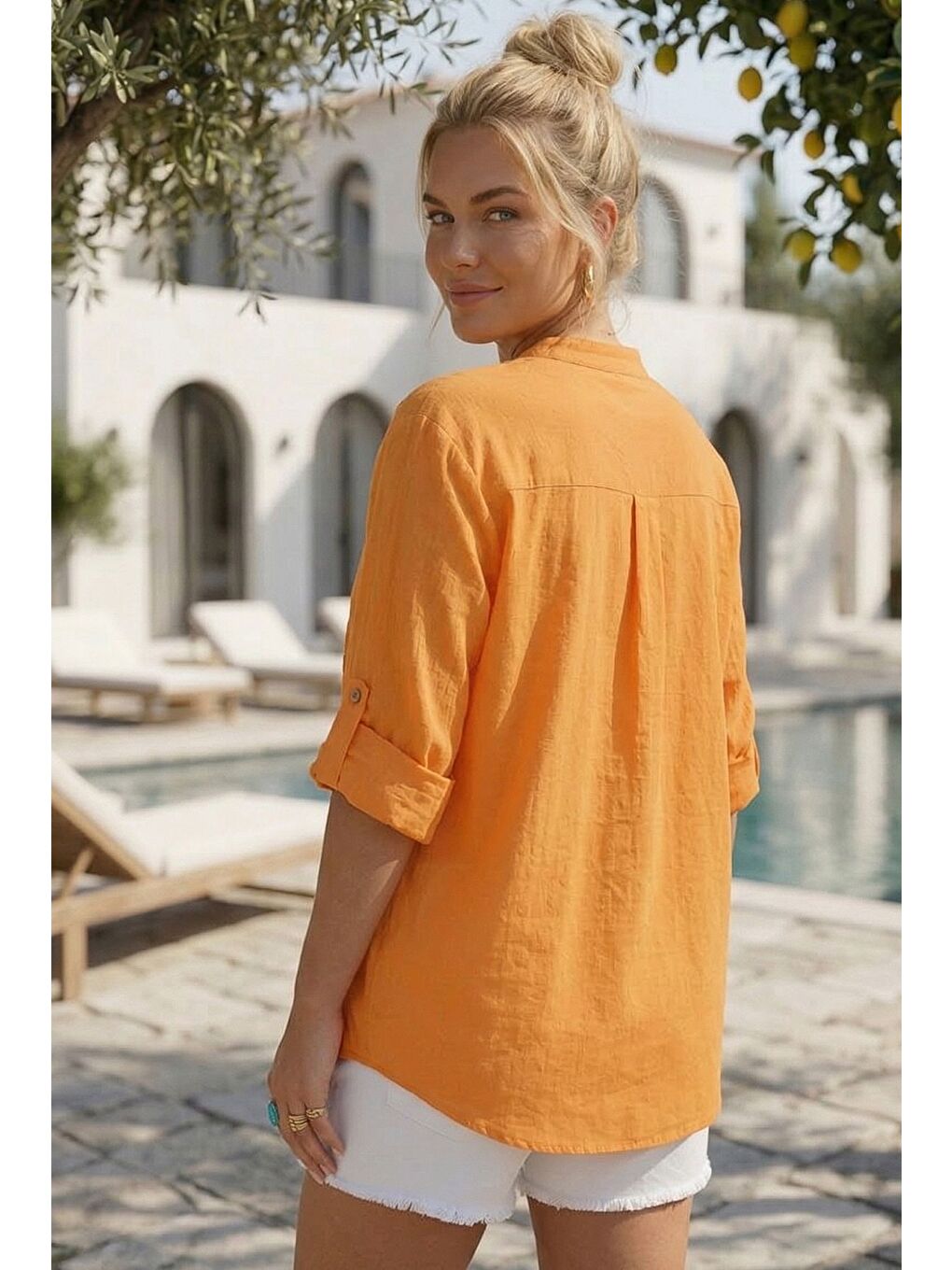 Turuncu Hakim Yaka Düğmeli Uzun Kollu Düğmeli Casual Müslin Dokuma Gömlek 75 63-4