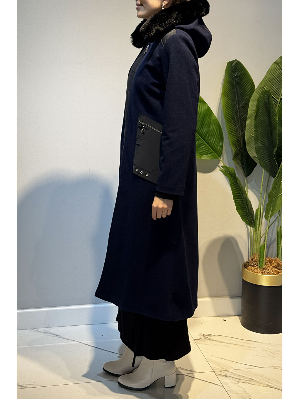 Tam Boy Kürk Detay Kaşe Uzun Kaban 2578 Lacivert-2