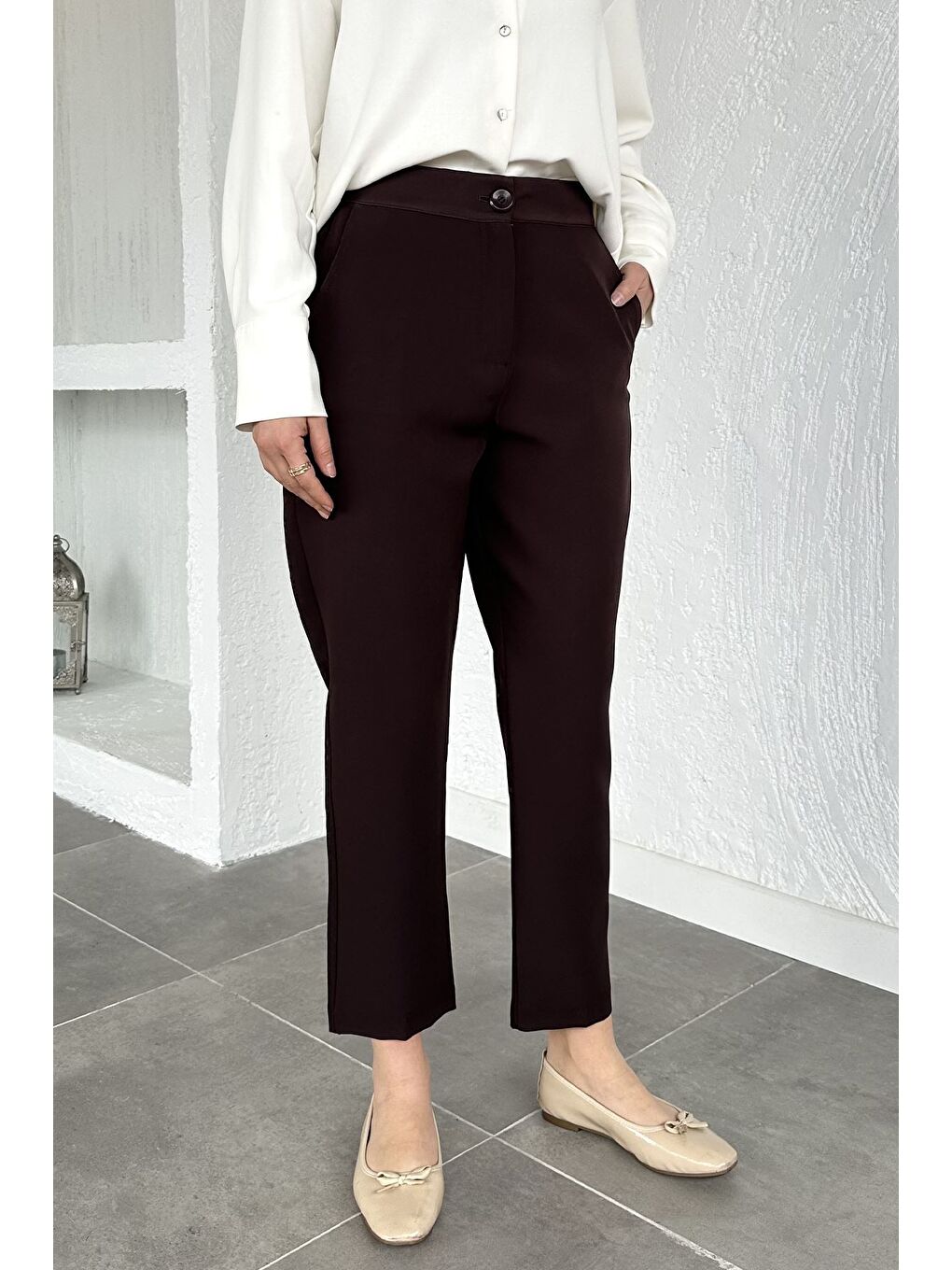 Kahverengi Puane Bel Lastikli Yüksek Bel Tesettür Kumaş Pantolon-5