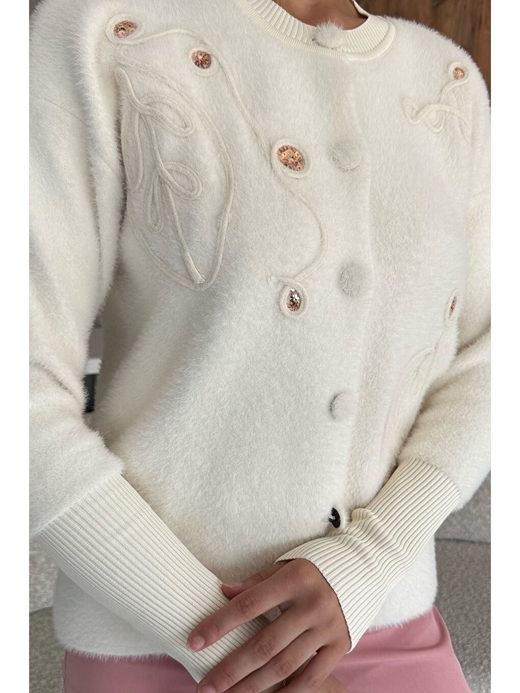 Ekru Kadın Pul İşlemeli Yumoş İplik Triko Ceket (s-m-l-xl Uyumludur)-3