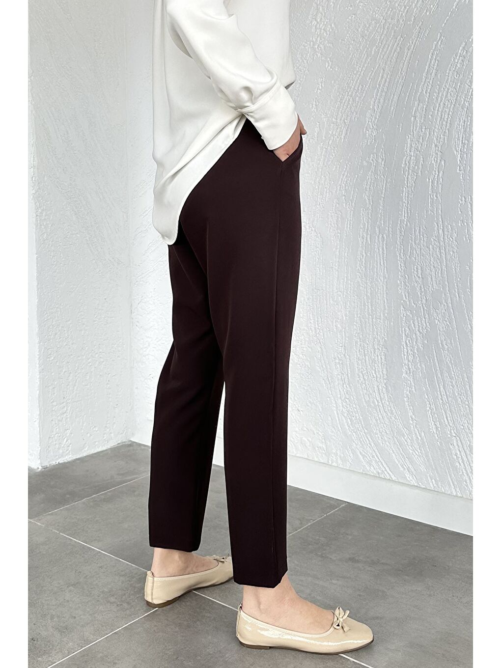 Kahverengi Puane Bel Lastikli Yüksek Bel Tesettür Kumaş Pantolon-7