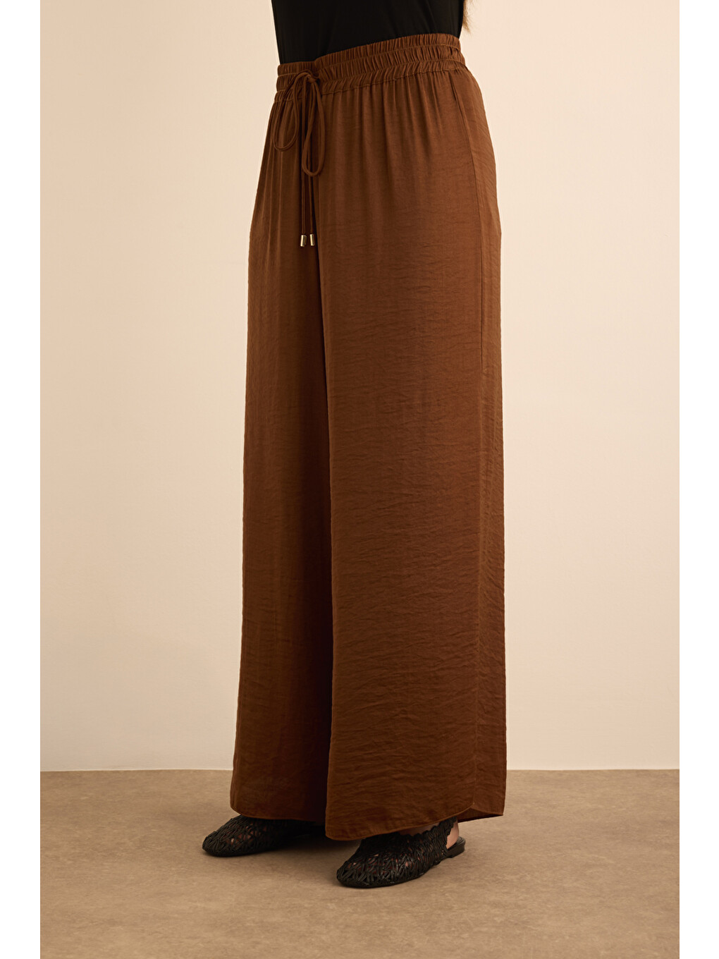 Kahverengi Beli Lastikli Bol Pantolon-4