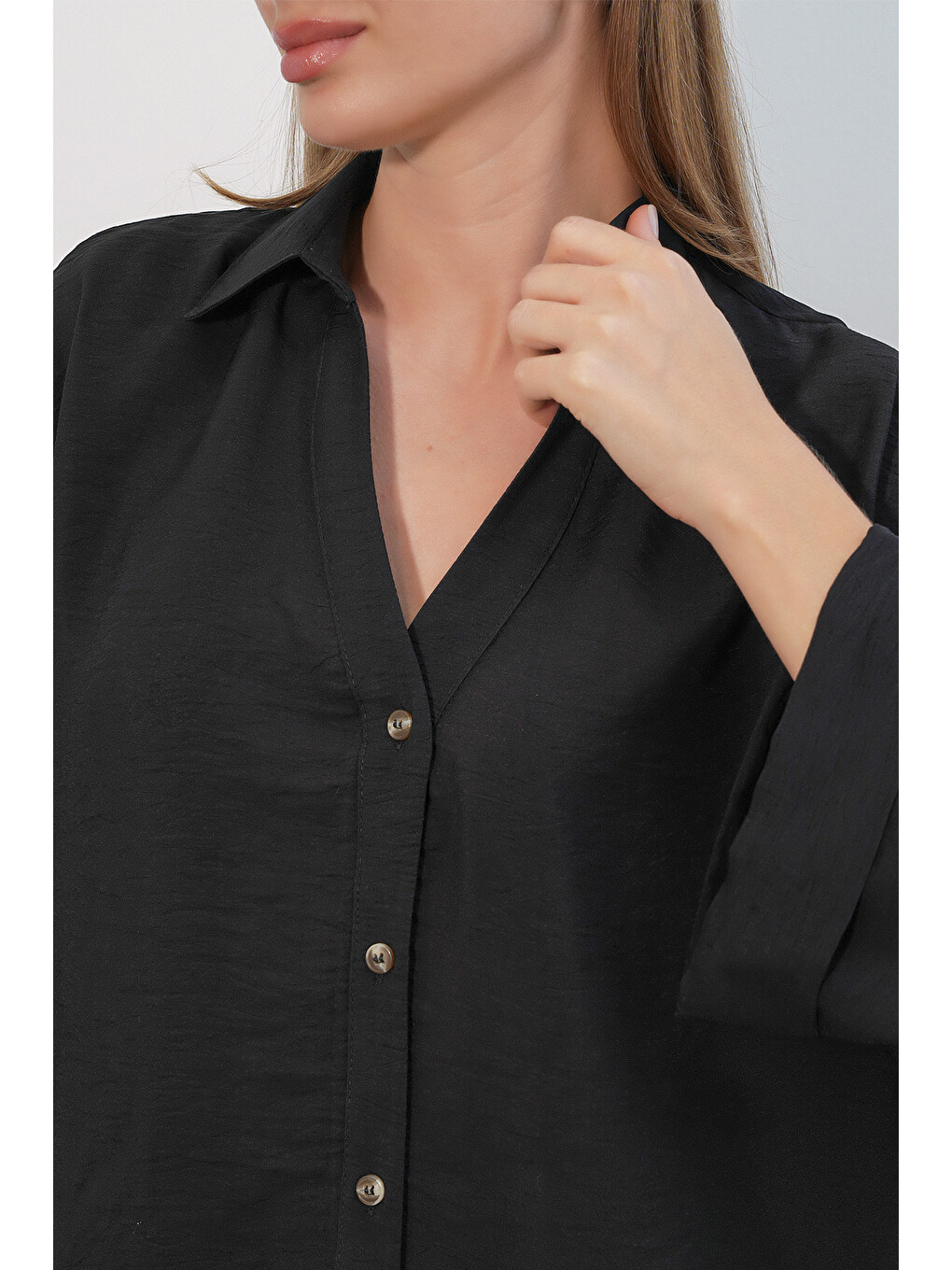 Kadın Geniş Kol Oversize Gömlek 20401 - Siyah-4