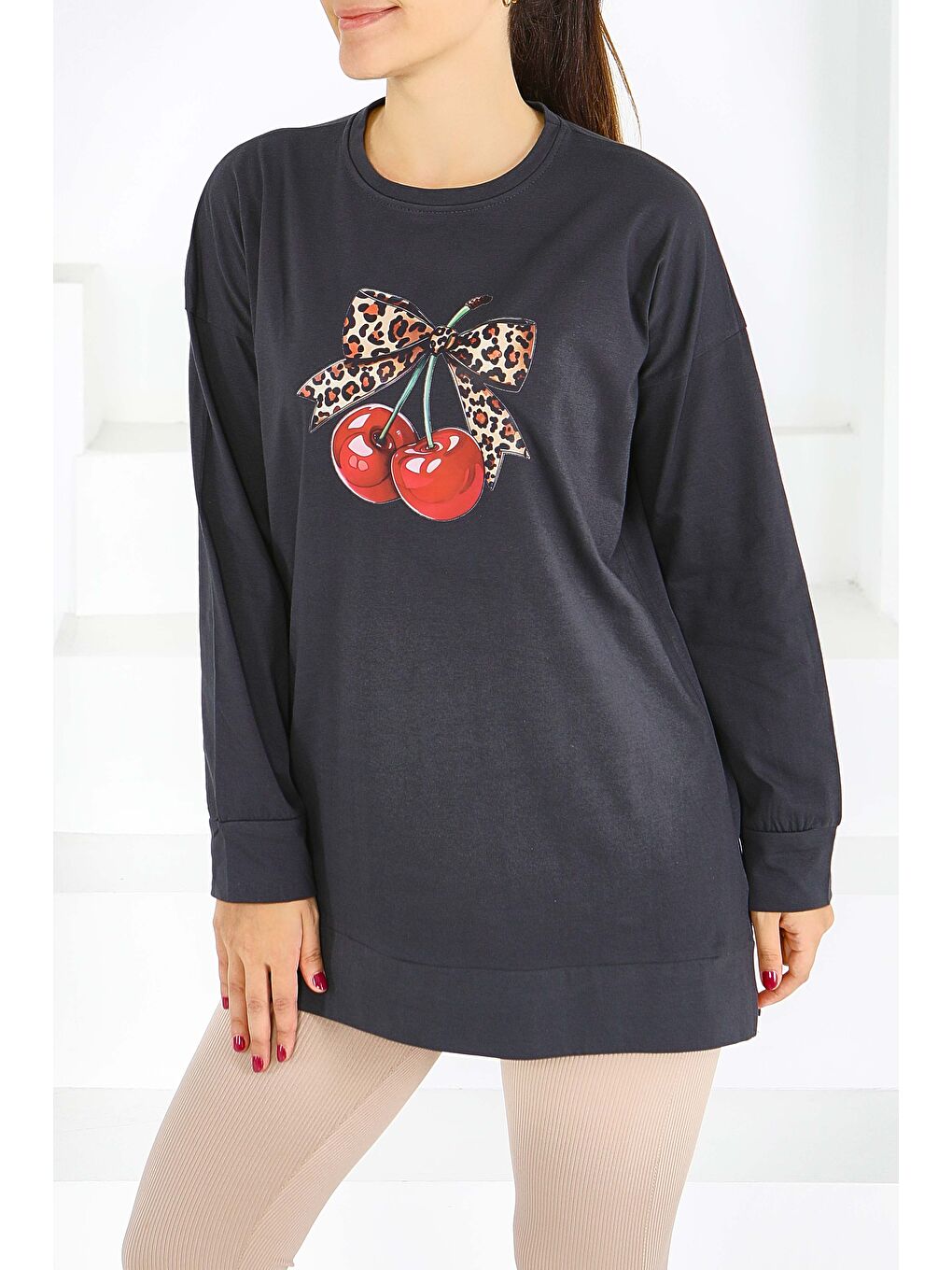 Uzun Kollu Baskılı Süprem Tunik Antrasit - 27588-2