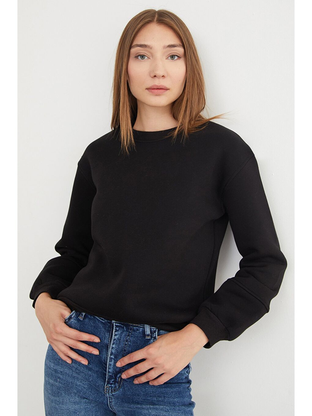 Siyah 3 İplik Basic Bisiklet Yaka Sweatshirt-1