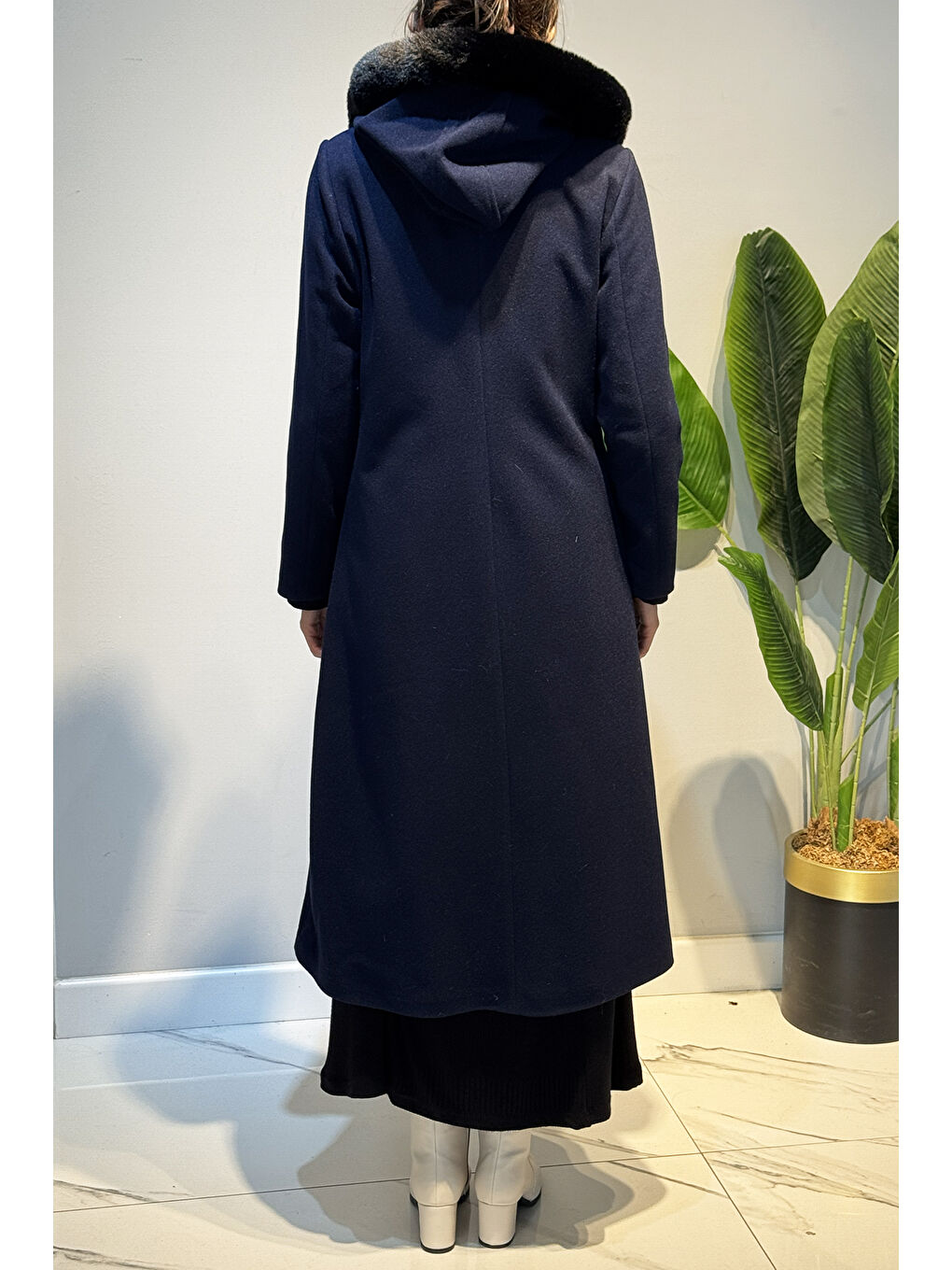 Tam Boy Kürk Detay Kaşe Uzun Kaban 2578 Lacivert-3