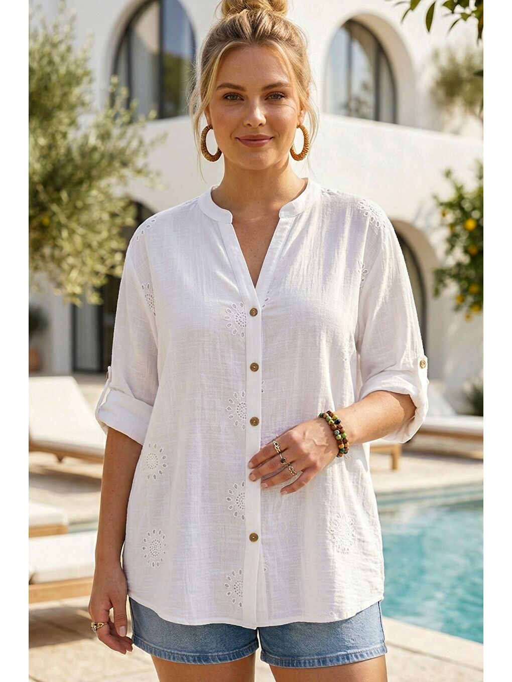 Beyaz Hakim Yaka Düğmeli Uzun Kollu Düğmeli Casual Müslin Dokuma Gömlek 75 63-2