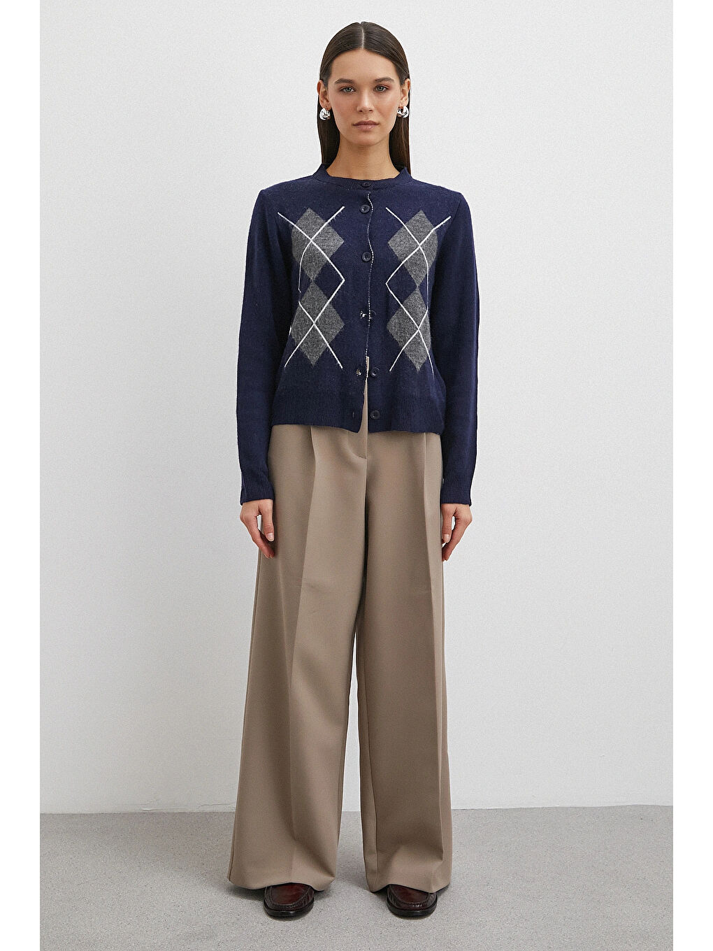 Düğmeli Baklava Desenli Hırka Lacivert-1