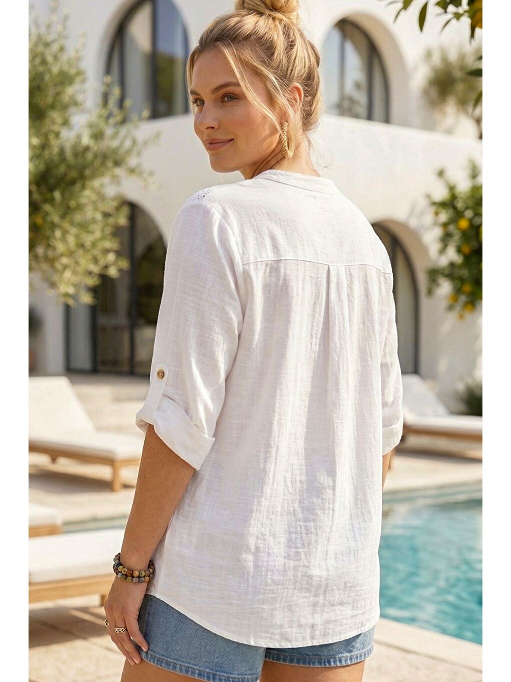 Beyaz Hakim Yaka Düğmeli Uzun Kollu Düğmeli Casual Müslin Dokuma Gömlek 75 63-3
