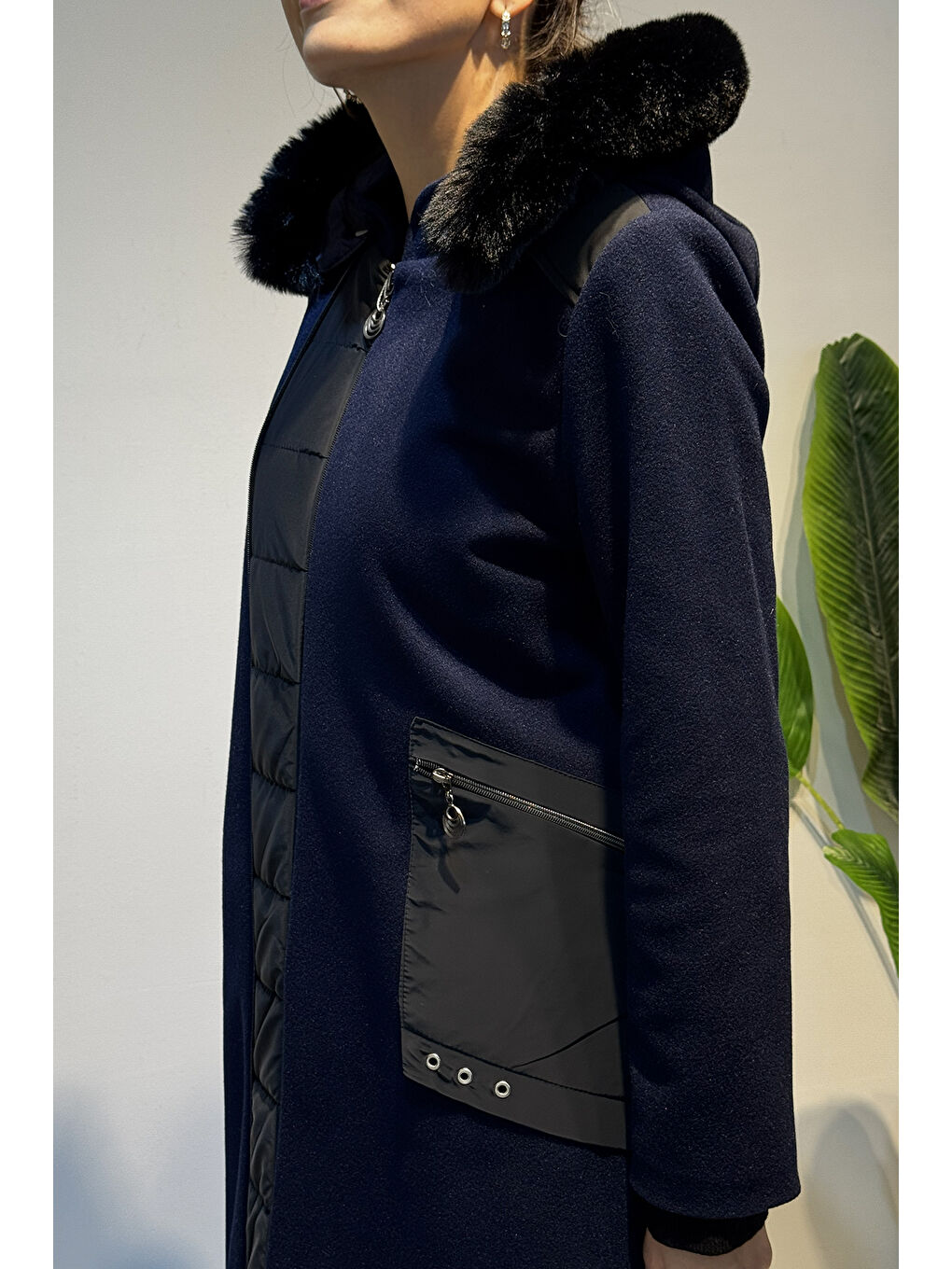 Tam Boy Kürk Detay Kaşe Uzun Kaban 2578 Lacivert-4