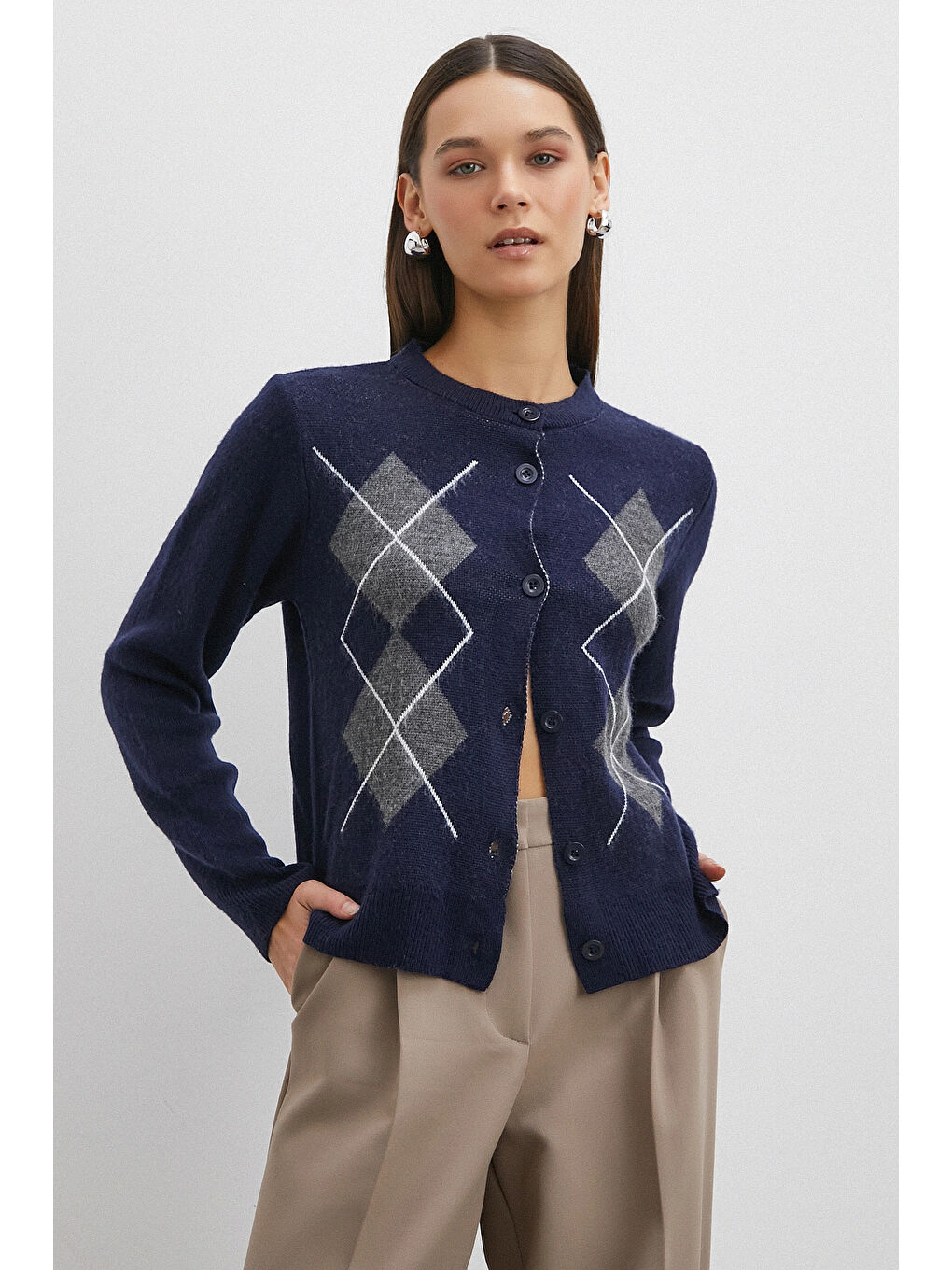 Düğmeli Baklava Desenli Hırka Lacivert-2