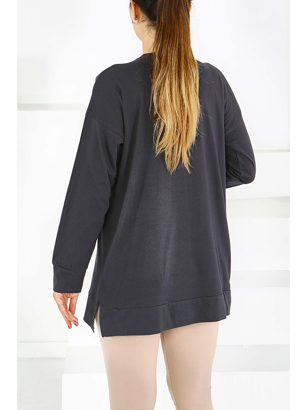 Uzun Kollu Baskılı Süprem Tunik Antrasit - 27588-3