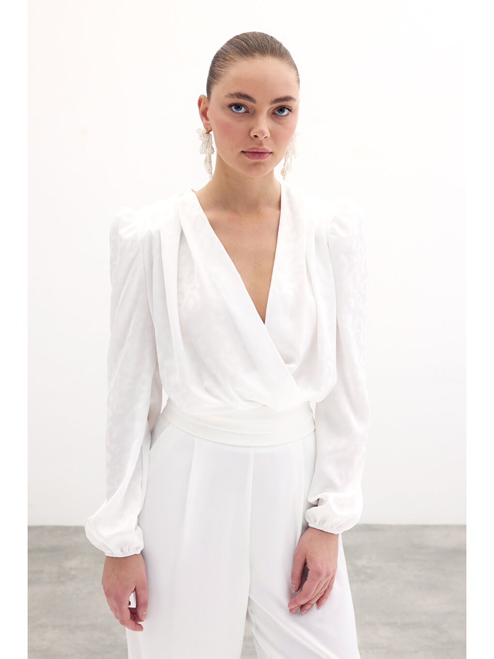 Kruvaze Desenli Bodysuit Bluz - Ekru-1