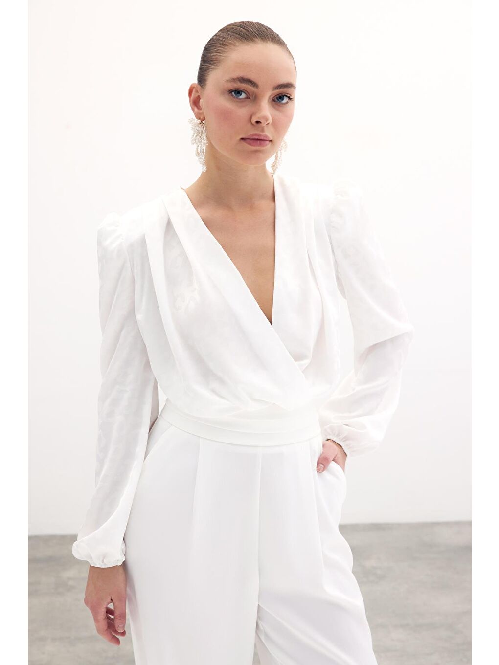 Kruvaze Desenli Bodysuit Bluz - Ekru-2