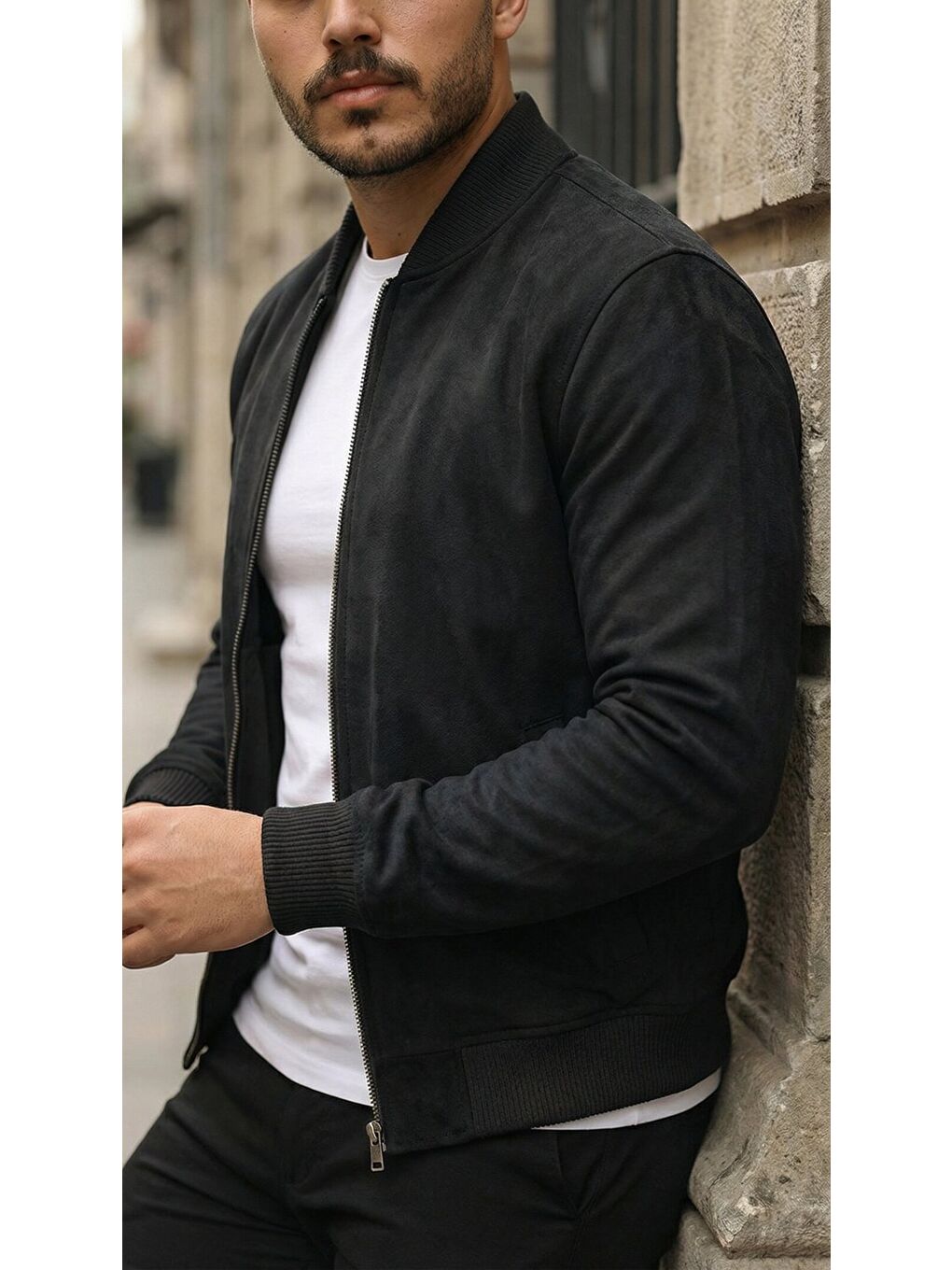 Siyah Erkek önden Fermuarlı Içi Astarlı Süet Ceket-1