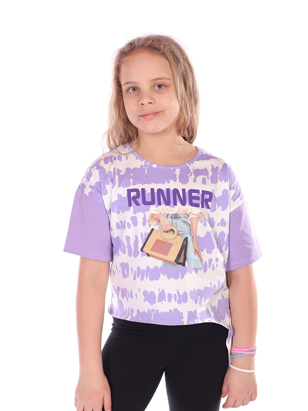 Lila Kız Çocuk Runner Baskılı Batikli Tişört
