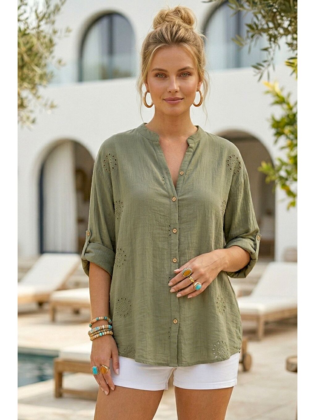 Haki Hakim Yaka Düğmeli Uzun Kollu Düğmeli Casual Müslin Dokuma Gömlek 75 63-2