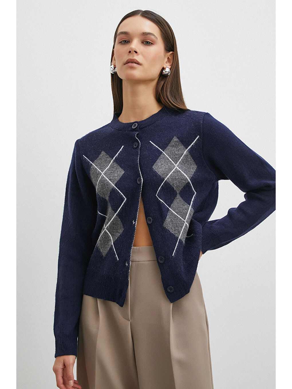 Düğmeli Baklava Desenli Hırka Lacivert-3