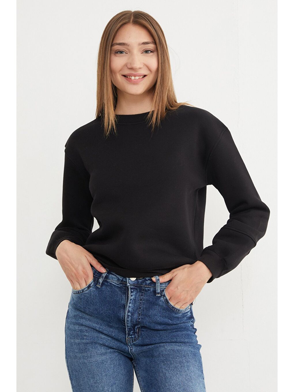 Siyah 3 İplik Basic Bisiklet Yaka Sweatshirt-3