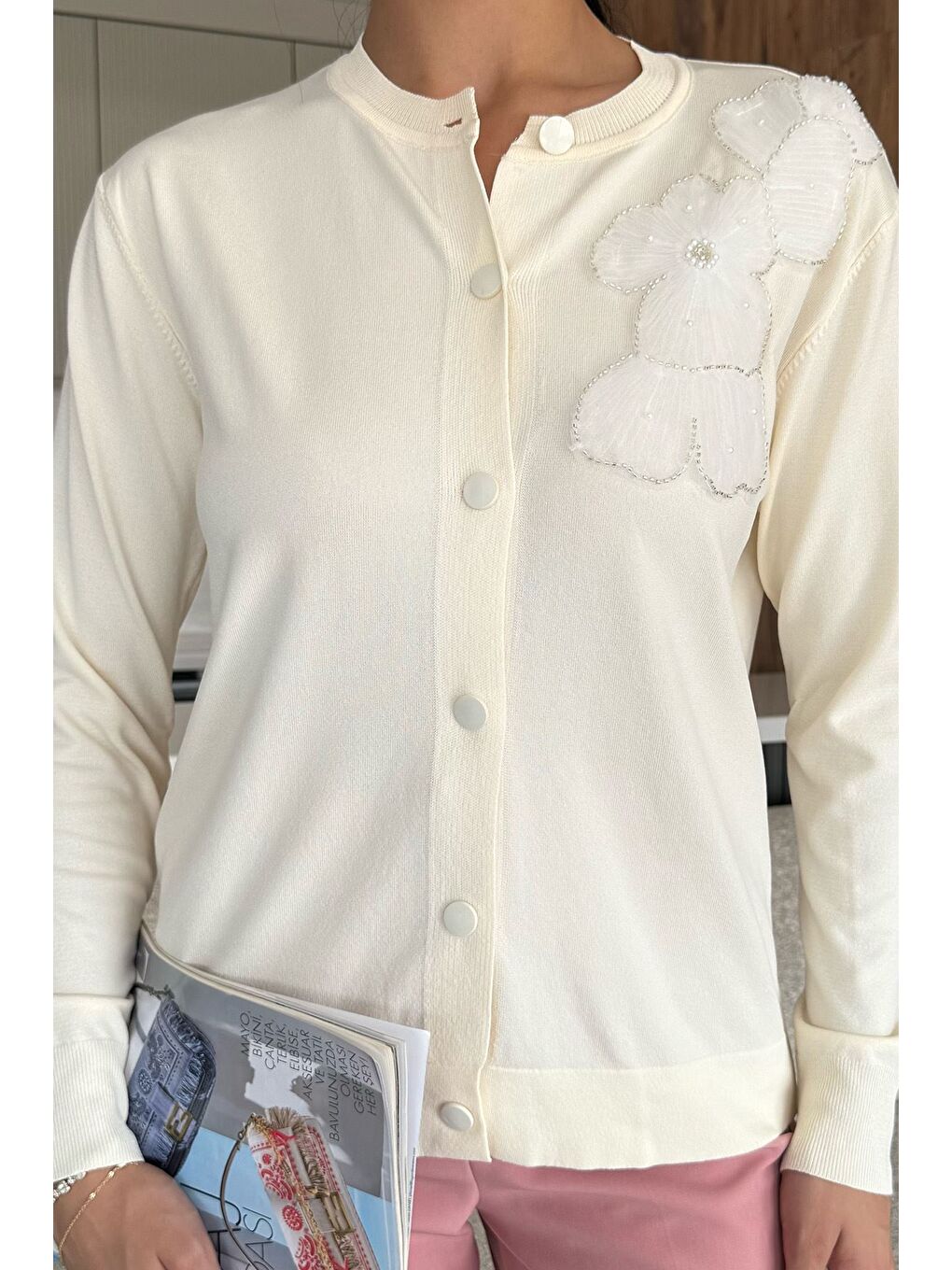 Ekru Kadın Tül İşlemeli Triko Hırka (s-m-l-xl Uyumludur)-1