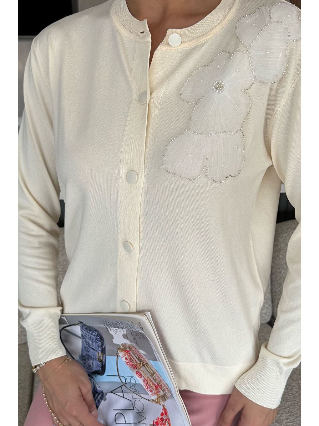 Ekru Kadın Tül İşlemeli Triko Hırka (s-m-l-xl Uyumludur)-2