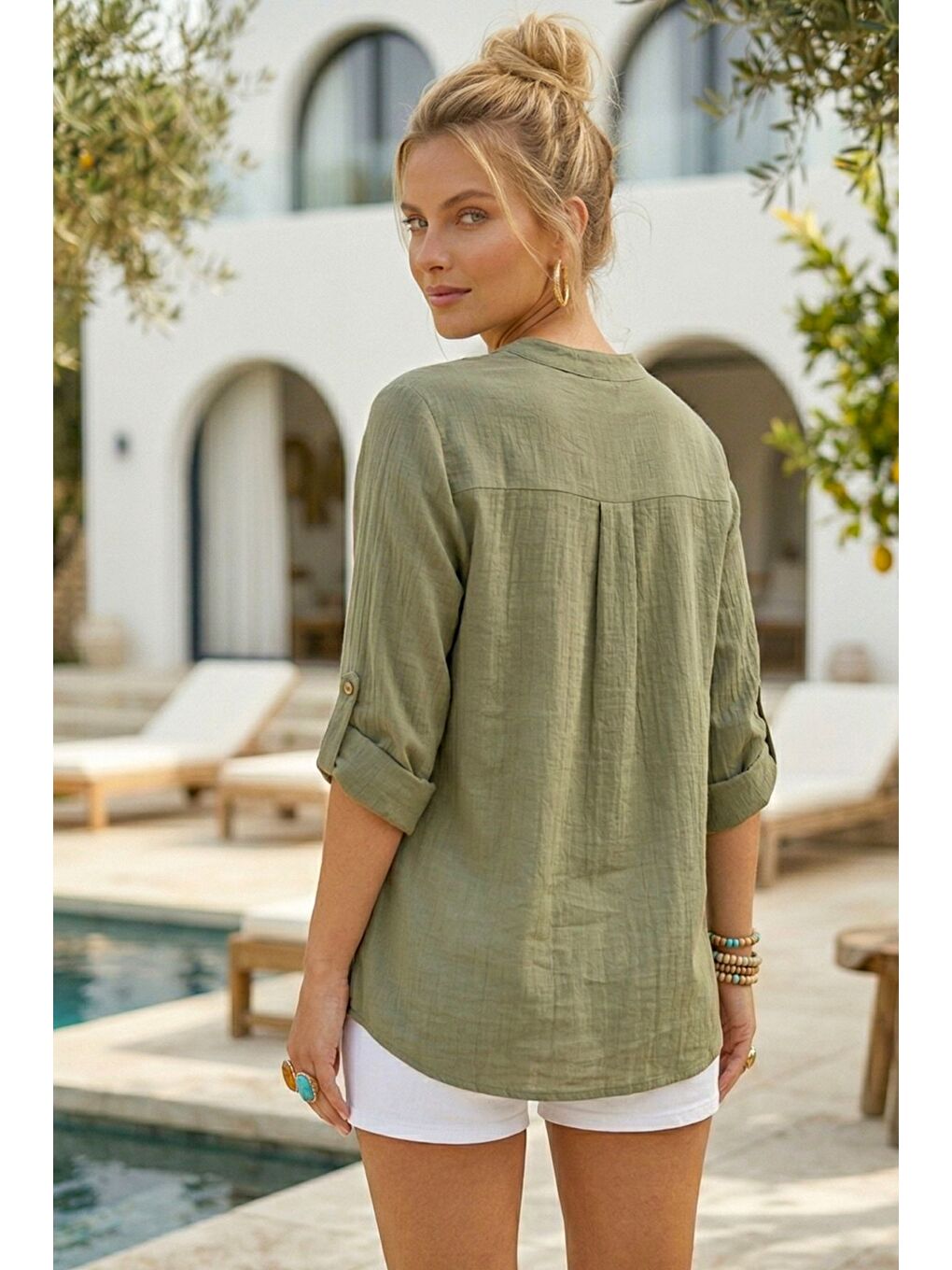 Haki Hakim Yaka Düğmeli Uzun Kollu Düğmeli Casual Müslin Dokuma Gömlek 75 63-4