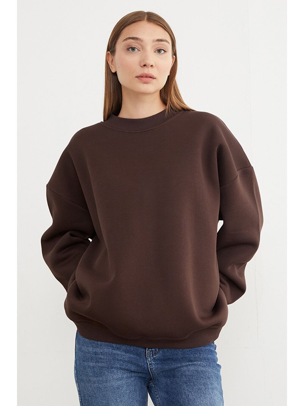 Kahverengi 3 İplik Basic Oversize Sweatshirt