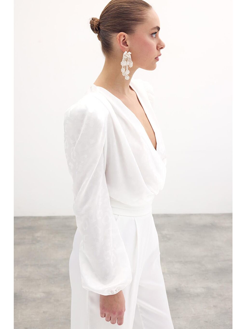 Kruvaze Desenli Bodysuit Bluz - Ekru-4