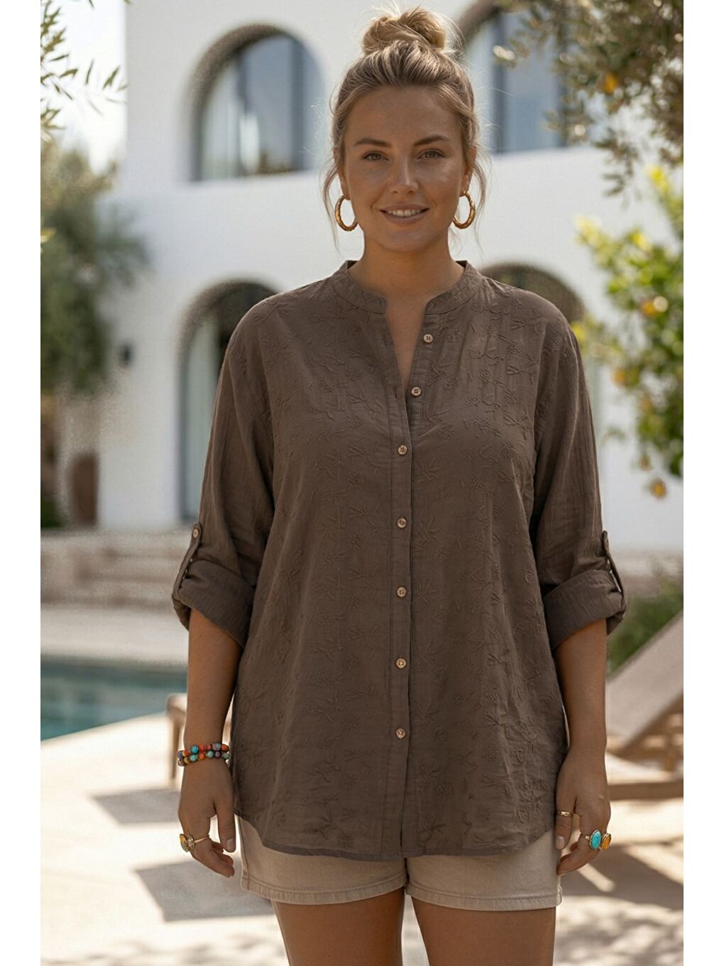 Kahverengi Hakim Yaka Düğmeli Uzun Kollu Düğmeli Casual Müslin Dokuma Gömlek 75 63