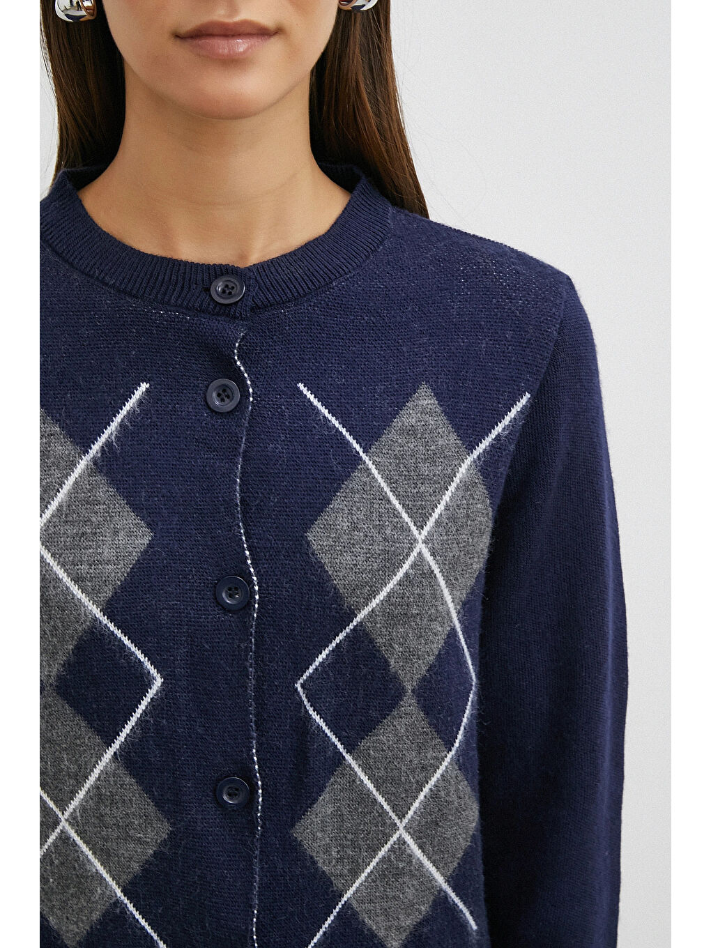 Düğmeli Baklava Desenli Hırka Lacivert-4